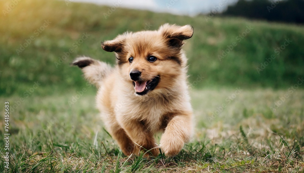 happy cute puppy runs joyfully across the green lawn