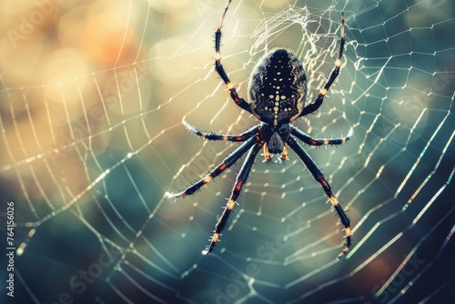 A detailed view of a Black Widow spider meticulously weaving its web, showcasing the intricate design and predatory nature of this arachnid. photo