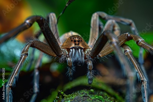A macro shot of a Brazilian wandering spider perched on a green leaf. The spiders intricate details and movements are visible up close, showcasing its presence in its natural habitat. photo