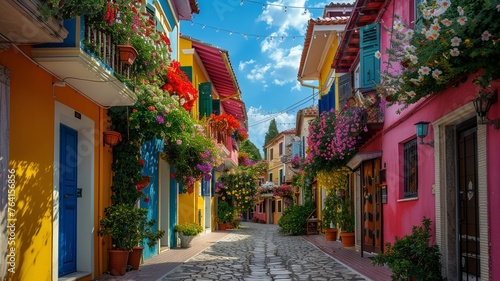 A picturesque alley lined with vibrant houses and floral charm