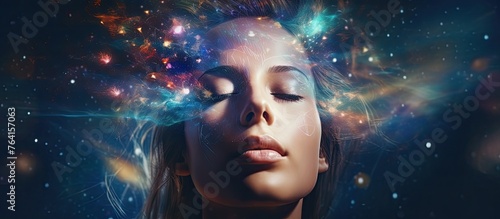A female with closed eyes in a peaceful pose set against a mesmerizing galaxy in the background