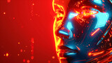 A digital art representation of a human face with intricate cybernetic details and a glowing red background