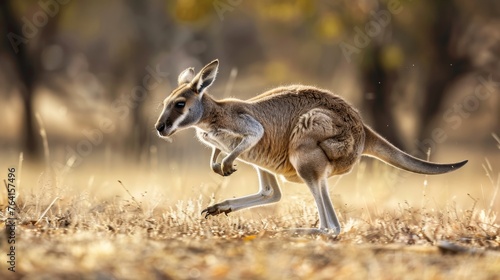 A kangaroo is seen bounding energetically through a field of tall grass. The marsupials powerful hind legs propel it forward, creating a dynamic scene in the natural habitat. © vadosloginov