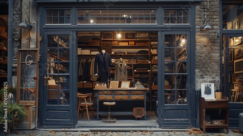 A sophisticated and inviting vintage clothing store, showcasing a classic suit and accessories with a charming street view.