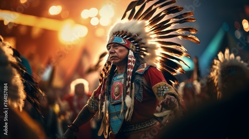 Generative AI The vibrant celebration of a powwow, showcasing colorful regalia, dance, and music amid the Indigenous community. photo