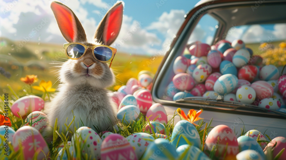 easter bunny wearing sunglasses and easter eggs in cabriolet