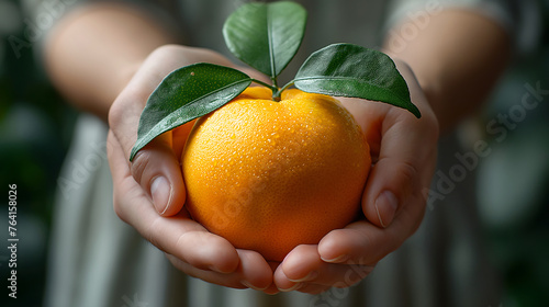 Two hands holding fresh tasty orange fruit (ID: 764158026)