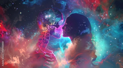 The psychedelic image of a couple shrouded in neon shades and astral emanations reflects the harmony of souls and their journey through space 