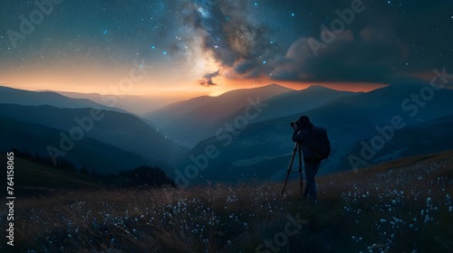 In the background there are high-altitude landscapes, in the foreground there is a photographer focused on shooting the starry sky in the wilderness.