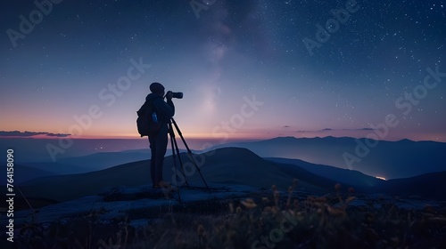 A photographer in the mountains shoots the starry sky from behind with a tripod, demonstrating his love for nature and photography.