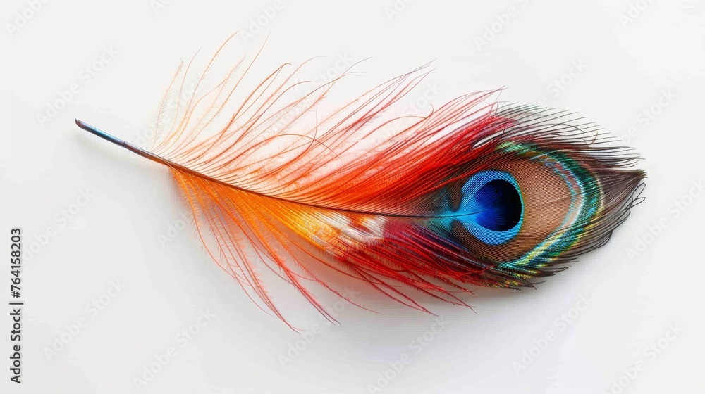 Obraz premium Ethereal and delicate peacock feather with soft red accents, gently resting on a white gradient background, showcasing its unique beauty.