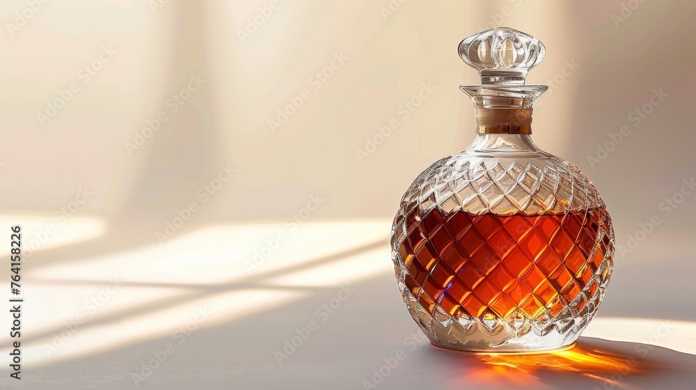 A radiant crystal whiskey decanter, bathed in sunlight, casting warm glows and shadows on a neutral table surface. A radiant crystal whiskey decanter, bathed in sunlight, casting warm glows and shadows on a neutral table surface.