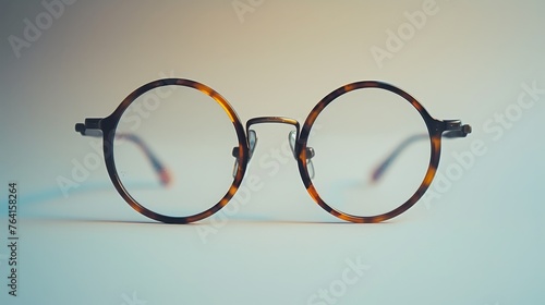 Classic round tortoiseshell glasses with a translucent design, positioned against a clear and softly lit background.