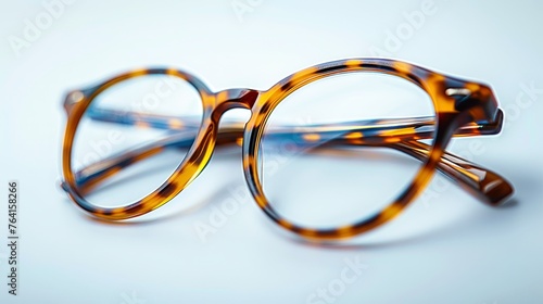 Close-up of stylish tortoiseshell eyeglasses with a detailed pattern, casting a soft reflection on a clean white surface. photo