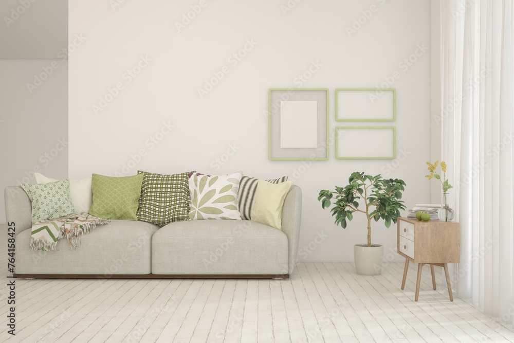 Naklejka premium White living room with sofa. Scandinavian interior design. 3D illustration