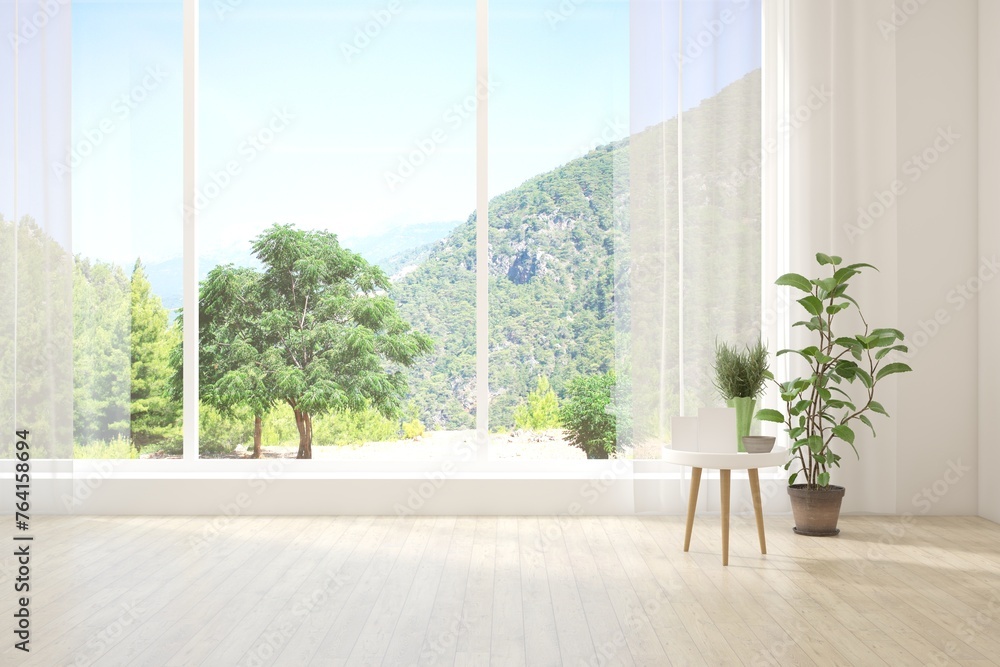 White empty room with summer landscape in window. Scandinavian interior design. 3D illustration White empty room with summer landscape in window. Scandinavian interior design. 3D illustration