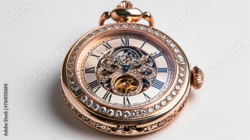 Exquisite skeleton pocket watch with rose gold finish and diamond embellishments on a white background.