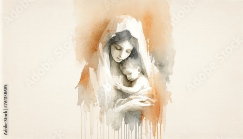 Motherhood. Watercolor painting of a beautiful mother with her baby in her arms. Mother Mary with Baby Jesus.