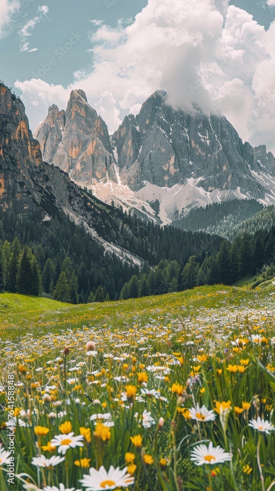 A beautiful mountain range with a field of yellow flowers in the foreground. The scene is serene and peaceful, with the mountains towering over the field of flowers. The colors of the flowers