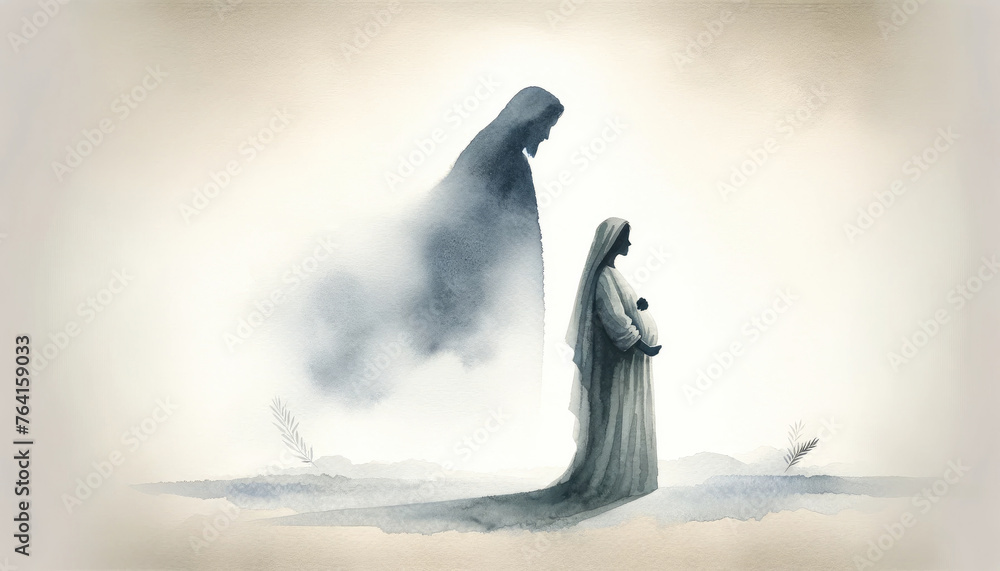 Motherhood. Blessed pregnant woman in the mist, with Jesus silhouette in the background. Digital watercolor illustration. - obrazy, fototapety, plakaty 