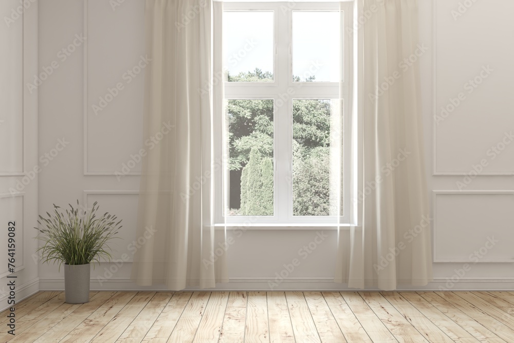 White empty room with summer landscape in window. Scandinavian interior design. 3D illustration White empty room with summer landscape in window. Scandinavian interior design. 3D illustration
