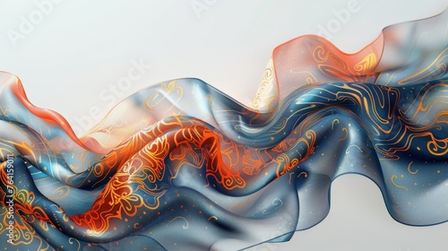 This exquisite silk scarf boasts a delicate flow of patterns, with vibrant swirls of orange and blue on a light, ethereal background.