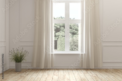 White empty room with summer landscape in window. Scandinavian interior design. 3D illustration