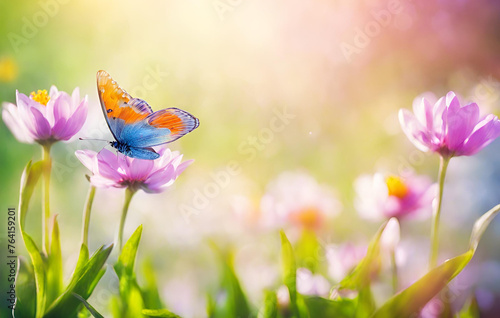  Summer meadow with flowers and butterfly. Nature background. 3d render