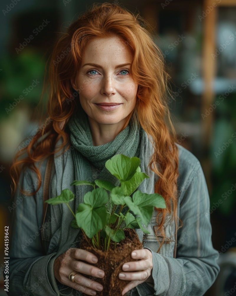 middle-aged women with plant. gardening , seasonal, hobby style. eco friendly, summer activities, environmental style middle-aged women with plant. gardening , seasonal, hobby style. eco friendly, summer activities, environmental style