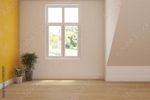 Colorful empty room with summer landscape in window. Scandinavian interior design. 3D illustration