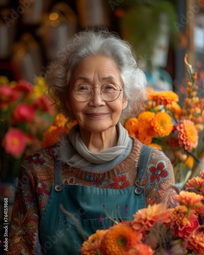 older woman sell flowers in her shop. small businesses concept. heading back to work, reentering the workforce, financial stability style. photo