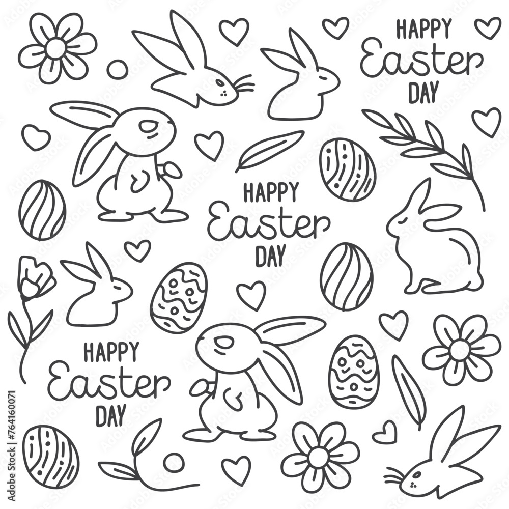 Fototapeta premium Hand-drawn doodle Easter Day with line eggs, bunny,leaves, heart, rabbit on white background. Vector illustration. Design for coloring book, greeting card, print.