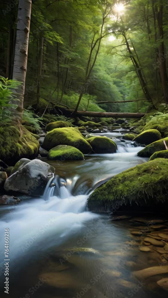 Forest Flow: Serene River, Cascading Waterfall, and Meandering Stream Amid Lush Greenery and Rocky Terrain Forest Flow: Serene River, Cascading Waterfall, and Meandering Stream Amid Lush Greenery and Rocky Terrain