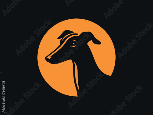 Greyhound dog and sun. Simple vector illustration.  Orange on black. modern icon, logo, emblem photo