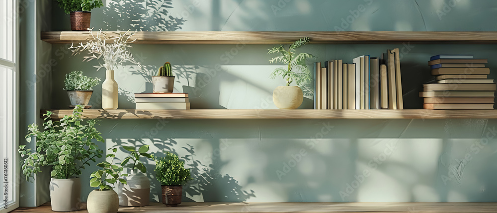 Elegant shelving unit adorned with books and potted plants, casting tranquil shadows in a sunny room