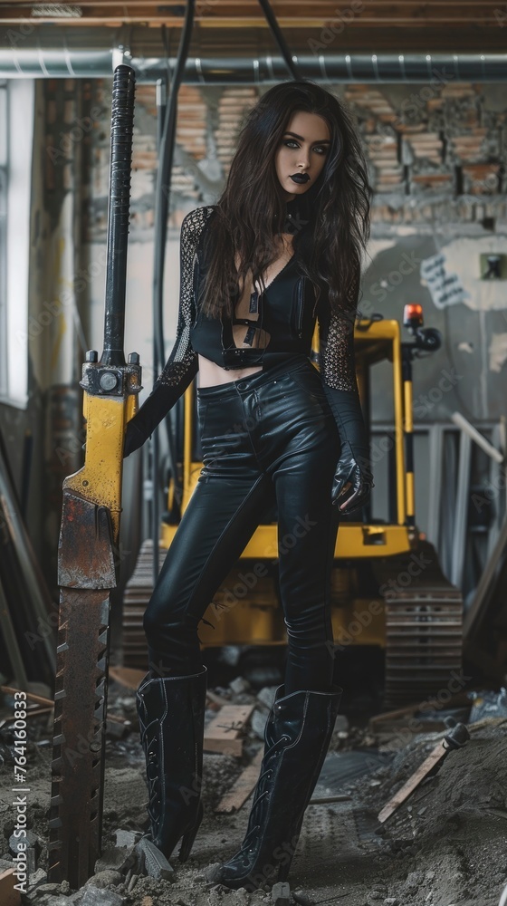 Charming sensual woman model with jackhammer on construction site, professional shoot, studio photo
