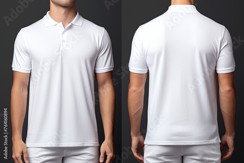 Realistic white polo shirts mockup front and back view design template isolated on dark background, 3d rendering