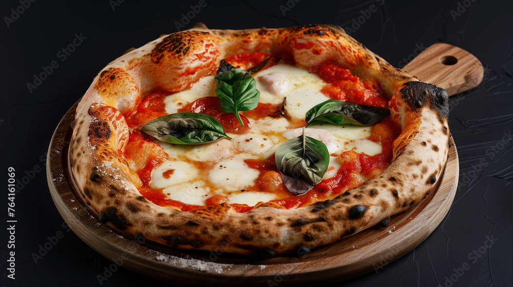 Neapolitan homemade pizza margarita with fresh mozzarella and basil leaves - obrazy, fototapety, plakaty 