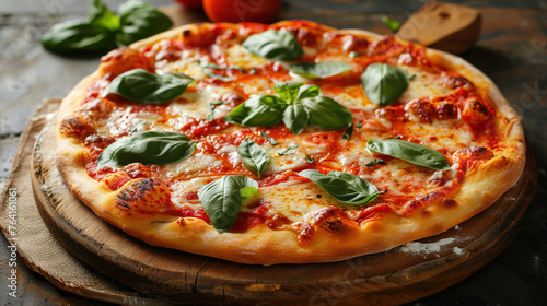 Neapolitan homemade pizza margarita with fresh mozzarella and basil leaves