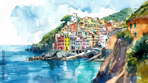A watercolor painting depicting a village on the coast, with colorful houses, boats in the harbor, and a rocky shoreline under a cloudy sky.