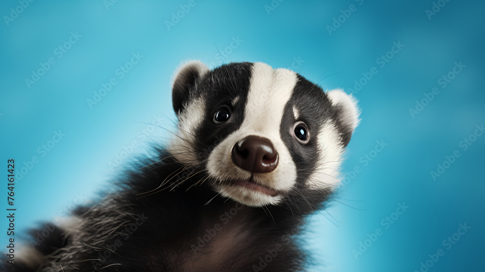 Cute funny beautiful young badger, black and white color, on a blue background, close-up
Cute funny beautiful young badger, black and white color, on a blue background, close-up