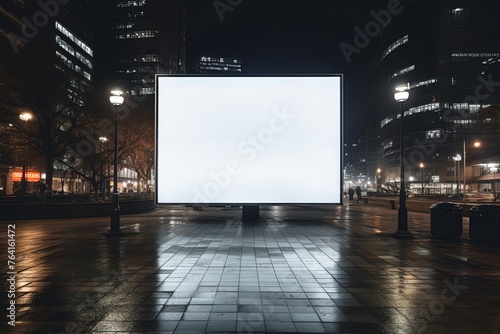 Poster advertising futuristic billboard mockup with Exhibition light stand on the streets of the night neon city background © pixeness