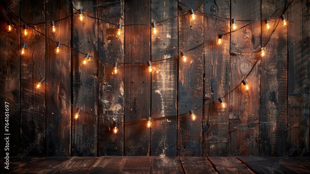 Rustic charm of illuminated string lights on weathered wooden boards