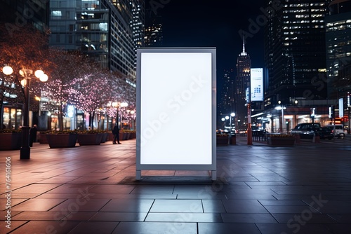 Poster advertising futuristic billboard mockup with Exhibition light stand on the streets of the night neon city background