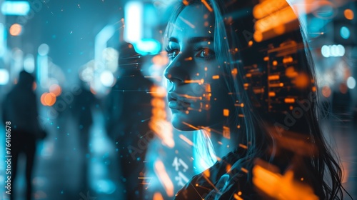 Futuristic woman with orange data light on her face.