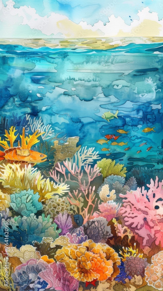 A detailed watercolor painting showcasing the colorful coral reef ecosystem in the ocean. Different species of coral, fish, and marine life are depicted in their natural habitat.