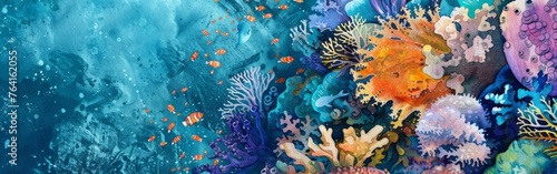 Vibrant watercolor painting featuring a variety of colorful corals and seaweed set against a deep blue background. The intricate details and vivid hues create a dynamic underwater scene. photo
