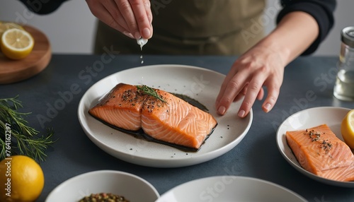 A person seasoning a fillet of salmon food photography recipe idea