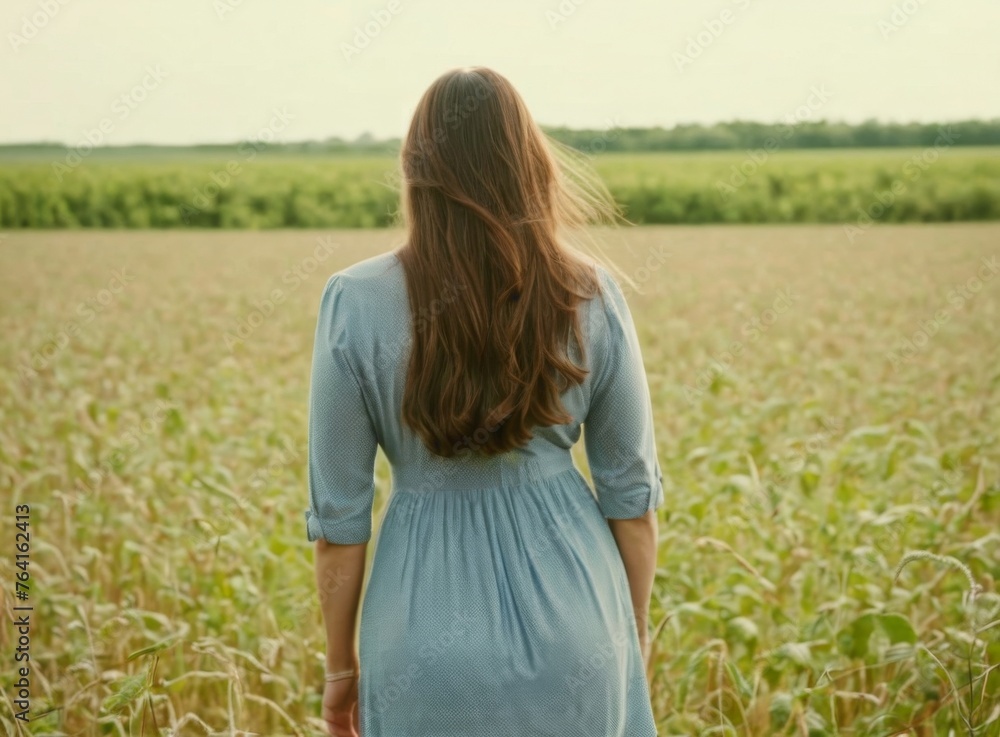 A woman in a dress with long hair standing in a field and looking into the distance. Back view. A woman in a dress with long hair standing in a field and looking into the distance. Back view.