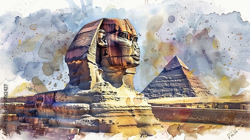 A detailed watercolor painting depicting the Great Sphinx of Giza with the towering Pyramids in the background. The artist has captured the ancient allure of these iconic Egyptian landmarks with preci photo
